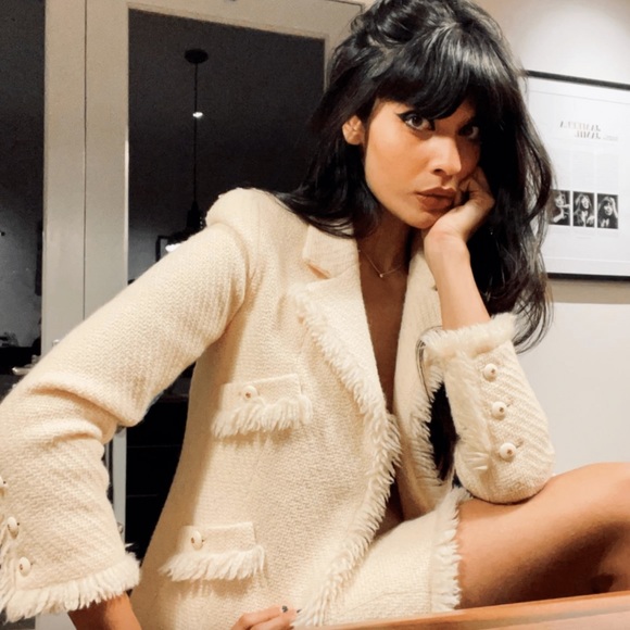 Chanel Vintage 1992 Ivory Ecru Cream Tweed Fringe Jacket Skirt Suit